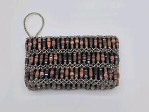 Handmade Paper Bead Clutch Wristlet Recycled Magazine Beaded Wristlet Boho Brown